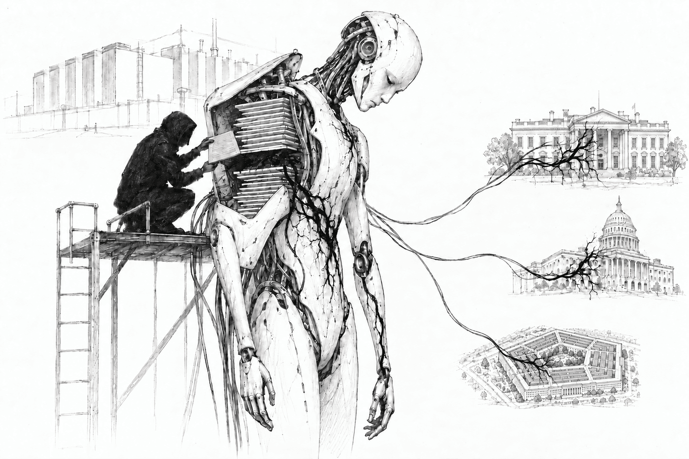 Pencil illustration of a hooded figure on scaffolding inserting a red card into the open chest of a humanoid machine, whose cables run out to the White House, the Capitol, and the Pentagon.
