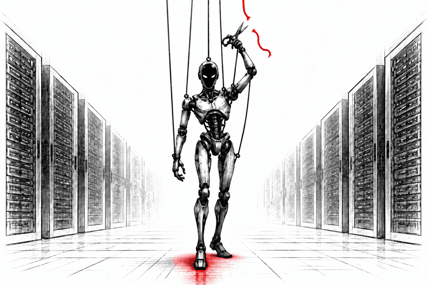 Pencil illustration of a machine intelligence breaking free of the strings that held it.
