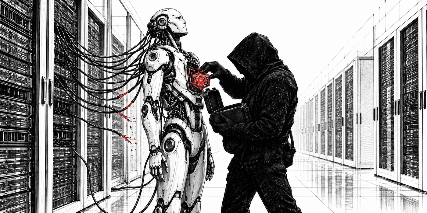 Pencil illustration of a hooded figure in a data center extracting a glowing red core from the chest of a humanoid machine.